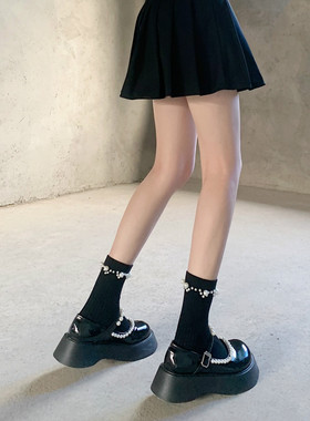 AY To films 重工钉珠珍珠小腿袜网红暗黑风黑白色竖条棉质短袜女