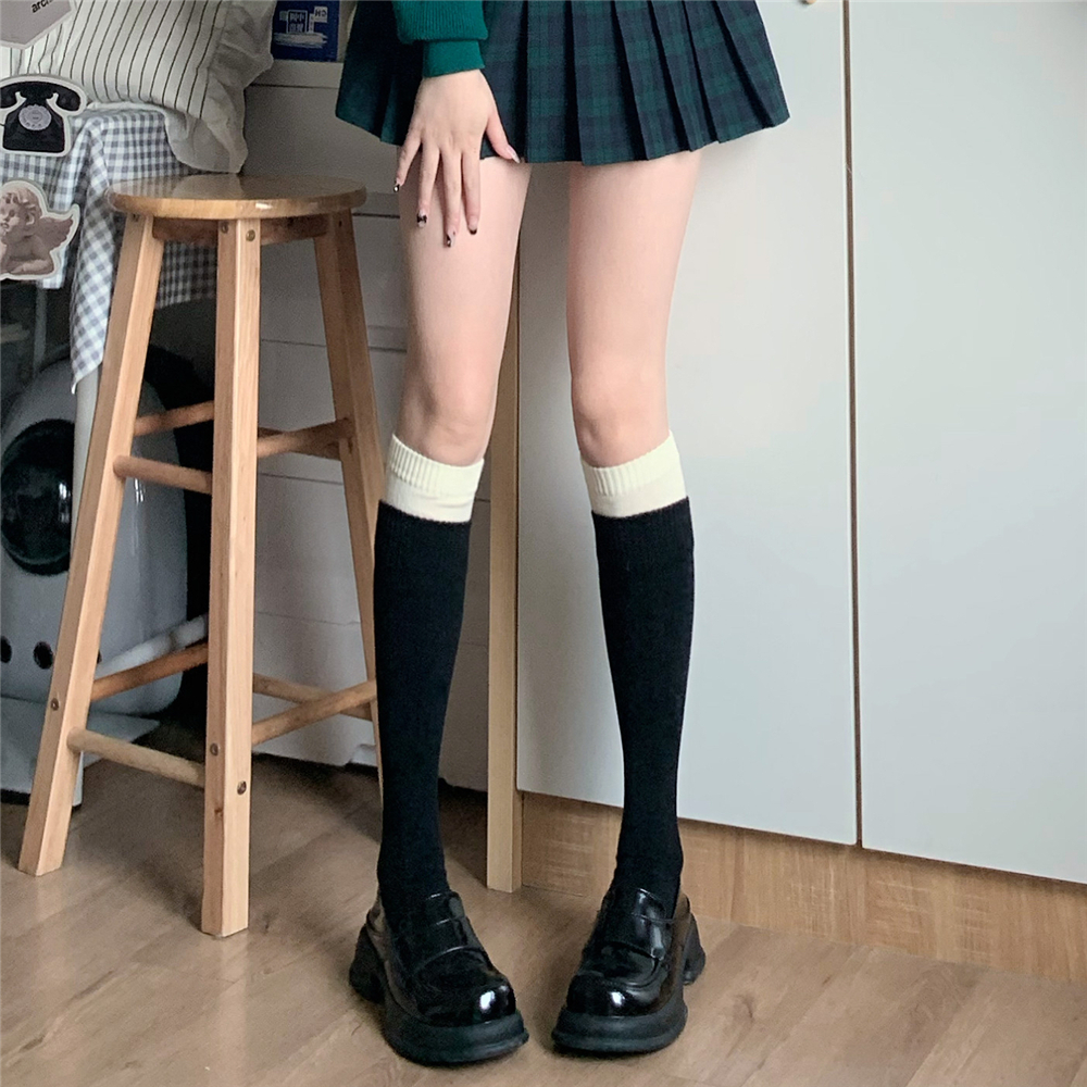 黑白拼色小腿袜秋冬显瘦堆堆袜