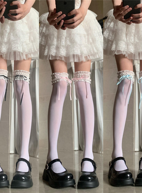 AYTofilms洛丽塔春夏花边过膝薄天鹅绒高筒袜jk丝带蝴蝶结大腿袜