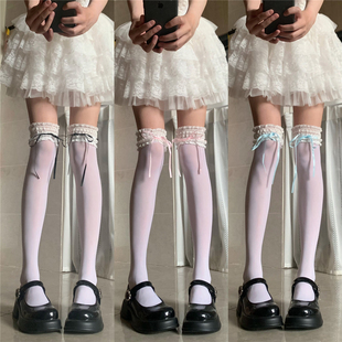 AYTofilms洛丽塔春夏花边过膝薄天鹅绒高筒袜jk丝带蝴蝶结大腿袜