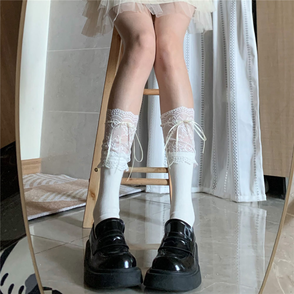 芭蕾风少女棉质丝带蝴蝶结中筒袜
