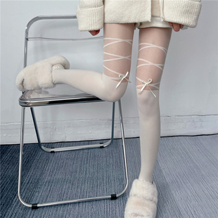 纯欲风绑带蝴蝶结白丝拼色薄款 films 奶白丝袜拼接美腿丝袜