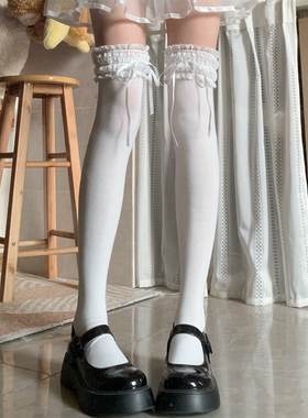 AY To films 日系甜妹白色过膝袜蕾丝花边高筒大腿袜洛丽塔长袜子