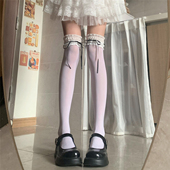 AYTofilms 日系花边过膝袜春夏薄天鹅绒高筒袜jk丝带蝴蝶结大腿袜