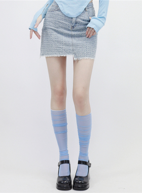 AY To films蓝色网纱小腿袜韩ins风少女过膝袜春夏透气长筒堆堆袜