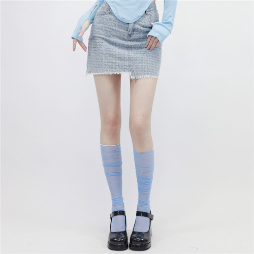 蓝色网纱小腿袜韩ins少女过膝袜