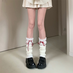 AYTofilms 洛丽塔蕾丝花边绑带白色堆堆袜套春秋冬保暖针织小腿套