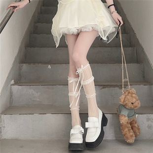 夏日超薄透明蝴蝶结丝带三层蕾丝花纱透气网纱小腿袜 films