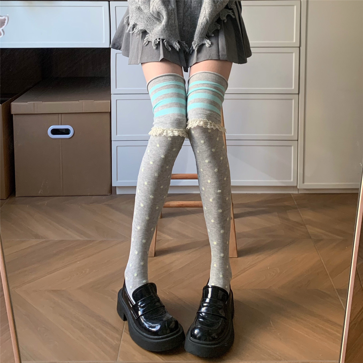 AYTofilms日系波点条纹灰蓝拼接过膝袜卷边蕾丝花边堆堆高筒袜女