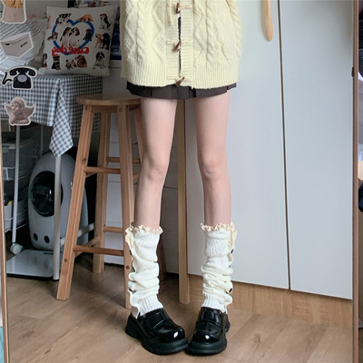 甜辣妹毛线针织腿套纽扣花边袜套