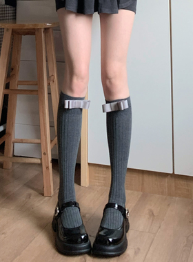 AY To films灰色竖条显瘦精致一字蝴蝶结小腿袜韩国ins少女堆堆袜
