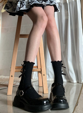 AYTofilms韩风ins蝴蝶结少女龙心中筒袜显瘦黑色双木耳边堆堆袜子