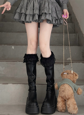 AY Tofilms多层洛丽塔黑色蕾丝大花边袜套麻花纹靴套叠穿靴子腿套