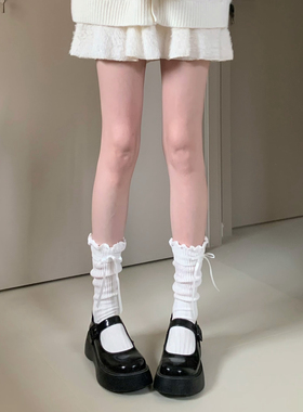 AYTofilms 秋冬白色堆堆袜木耳花边蝴蝶结棉中筒袜韩系少女小腿袜