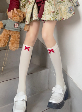 AY To films 日系少女红色丝绒蝴蝶结小腿袜洛丽塔奶白压力中筒袜