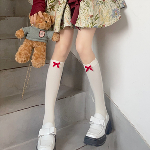 日系少女红色丝绒蝴蝶结小腿袜洛丽塔奶白压力中筒袜 films