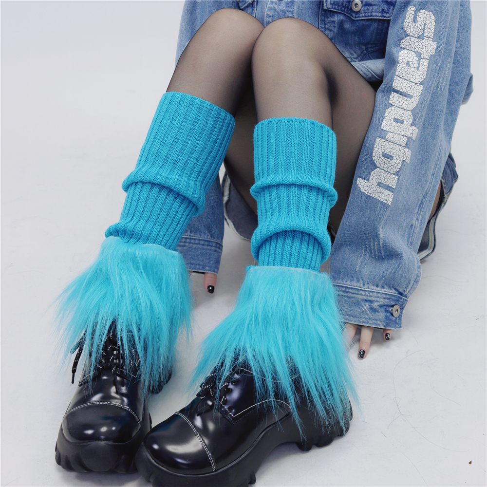 辣妹彩色毛毛拼接针织堆堆袜套