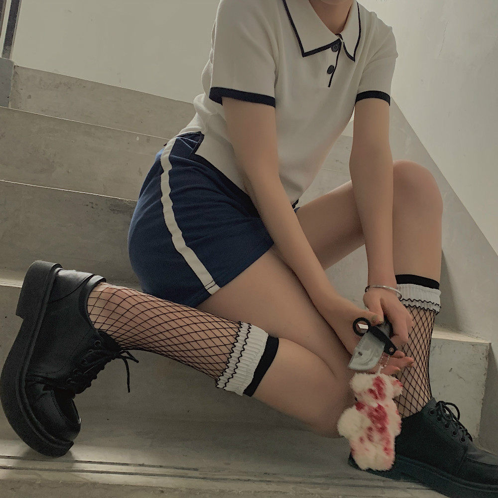 ay to films 甜酷 双层木耳蕾丝边少女中短筒萝莉渔网袜可长可短