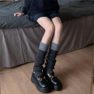 黑灰拼色针织袜套复古美式 films 辣妹堆堆袜冬保暖纽扣腿套