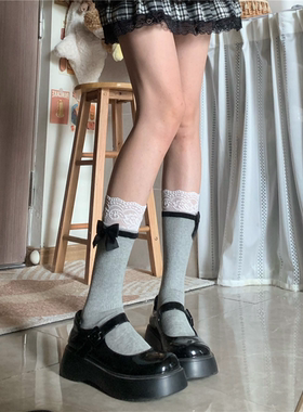 AY To fims秋冬蕾丝花边拼接蝴蝶结堆堆袜精致小香竖条棉质中筒袜