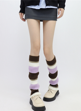 AY To films 秋冬运动芭蕾少女小腿堆堆袜套紫色条纹撞色针织腿套
