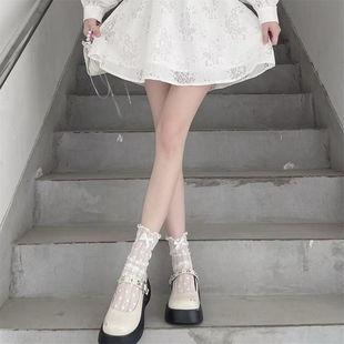 AYTofilms韩国ins蕾丝夏轻薄透木耳花边蝴蝶结少女中筒堆堆网纱袜