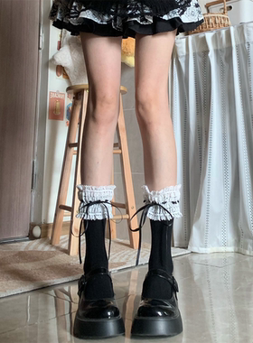 AY Tofilms秋冬甜美蕾丝花边棉质中筒袜lolita小腿袜子黑色过膝袜