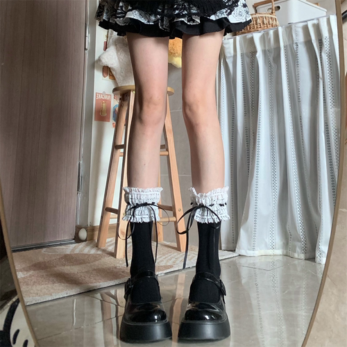 显瘦女棉质蕾丝花边丝带小腿袜