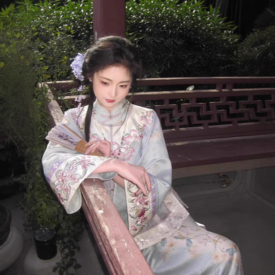 一曲紫鸢原创汉服女民国风印花旗袍对襟绣花圆领衫淡雅国风套装