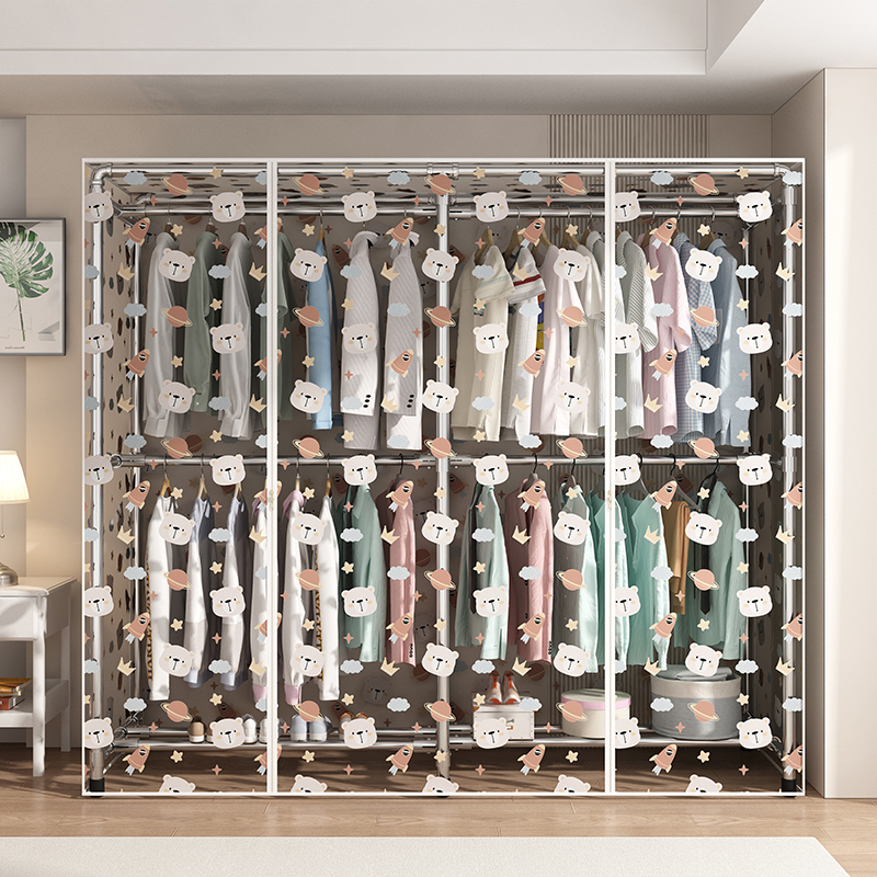 带防尘罩镀锌钢管晾衣架落地立式卧室简易挂衣服钢结构衣柜置物架