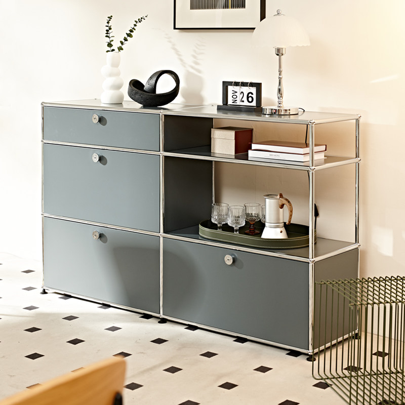 EUSS优斯  现代简约餐边柜客厅多功能储物柜收纳柜中灰色不锈钢柜