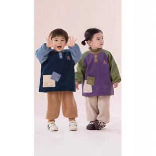 宝宝洋气长袖罩衣防水吃饭围兜儿童羽绒服防脏护衣倒褂按扣反穿衣