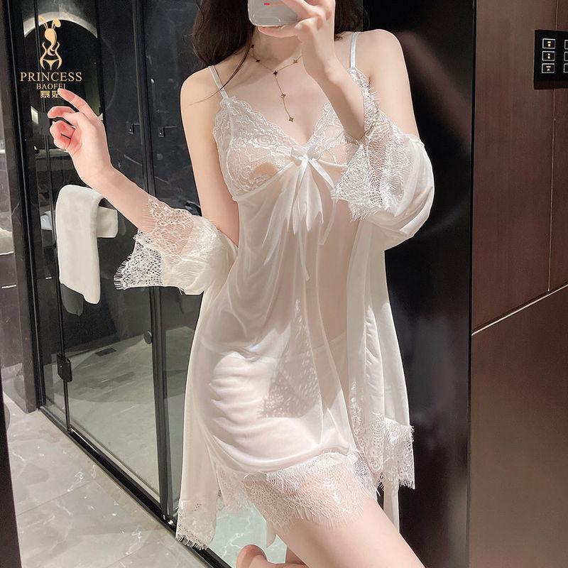 性感睡衣女美背若隐若现蕾丝吊带火辣睡裙显瘦四件套睡袍薄
