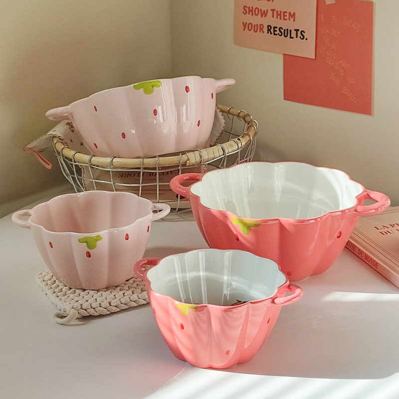 草莓双耳南瓜碗勺套装粉色可爱清新陶瓷碗家用新款釉下彩精致餐具,餐饮具,碗,淘宝优惠券,粉丝福利购,淘宝优惠卷