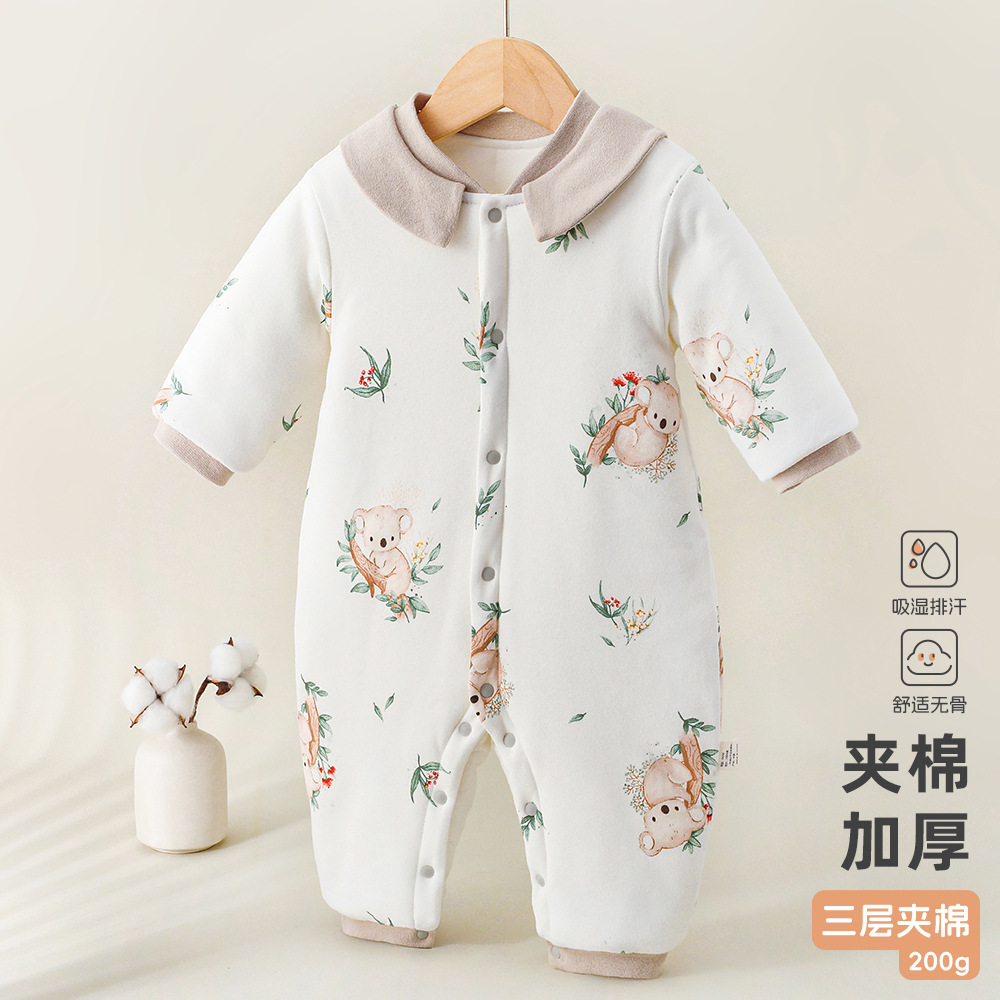 婴儿棉服a类秋冬季200克夹棉连体衣加厚初生宝宝哈衣爬服棉衣