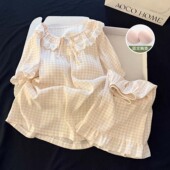 格子睡衣女夏甜美清新ins风圆领短袖 带胸垫可外穿女士家居服 短裤