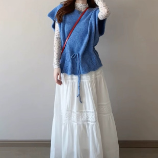 芊语 韩系穿搭蓝色抽绳针织马甲叠穿碎花打底春季时尚高腰半身裙