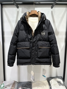 90白鸭绒潮牌连帽羽绒服男2023冬季新款青年拼色短款宽松面包服潮