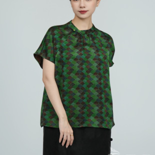 歌路丝2025夏款新款真丝桑蚕丝香云纱限量花色祥云短袖上衣01154