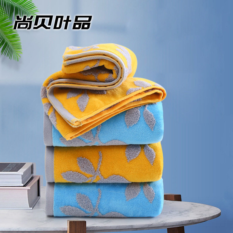 尚贝叶品树叶印花全棉割绒毛巾套装 成人儿童通用家用吸水三件套