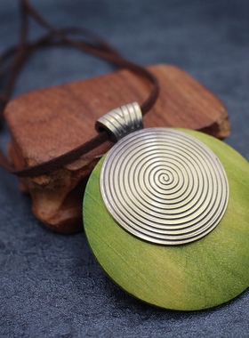 木质年轮项链长款百搭挂件简约复古毛衣链民族风饰品棉麻配饰女士