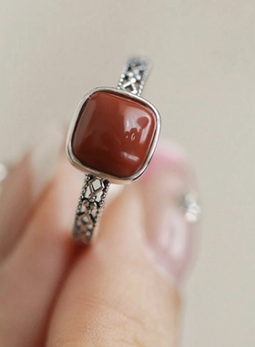 925银复古新中式南红方糖镂空方形戒指环蕾丝开口调节简约高级感