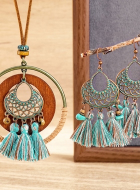 波西米亚长款流苏项链复古小众异域民族风木质毛衣链女新中式配饰