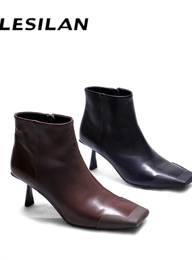 爱乐诗兰方头棕黑白色真皮高跟短靴鞋春秋季女新爆款3d01p4-02