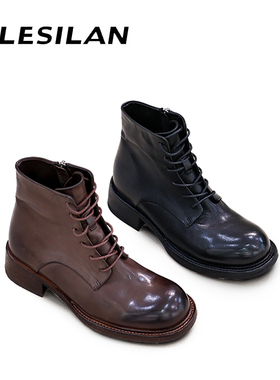 爱乐诗兰秋冬新款真皮圆头粗跟系带拉链马丁靴4D02121/111