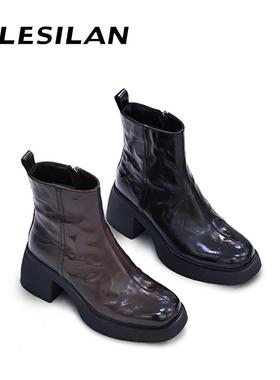 爱乐诗兰秋冬新款加绒厚底真皮女靴圆头增高切尔西4D05025/015