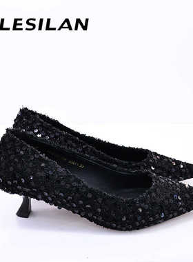 爱乐诗兰晚晚黑色细高跟亮片单鞋子春夏季女新爆款时尚配裙子4c18