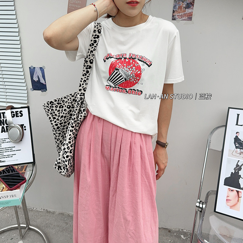 夏季新款奥代尔拉架棉圆领休闲宽松爆米花印花短袖均码t恤女正肩