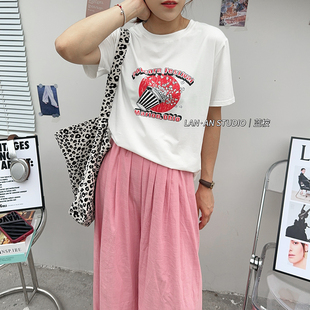 夏季新款奥代尔拉架棉圆领休闲宽松爆米花印花短袖均码t恤女正肩