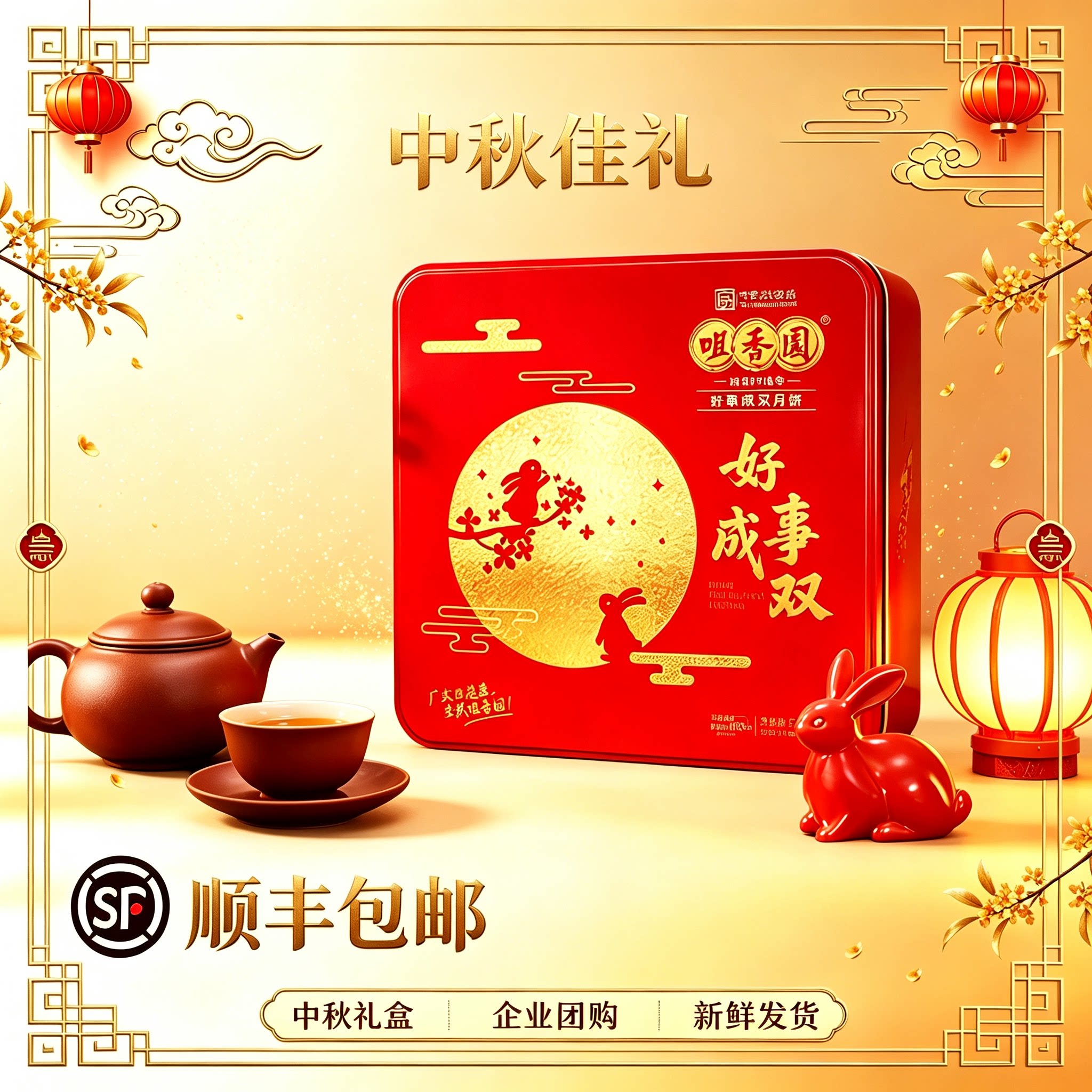 咀香园 好事成双月饼礼盒蛋黄纯白莲蓉蛋黄豆沙五仁员工福利团购